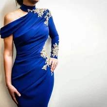 Сексуальные королевские синие платья с высоким воротником и аппликацией цвета шампанского, кружевные платья с длинным рукавом для выпускного вечера