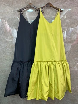 

2020 Spring and Summer New Women's V-neck Hem Ruffles Stitching Solid Color Dress 620