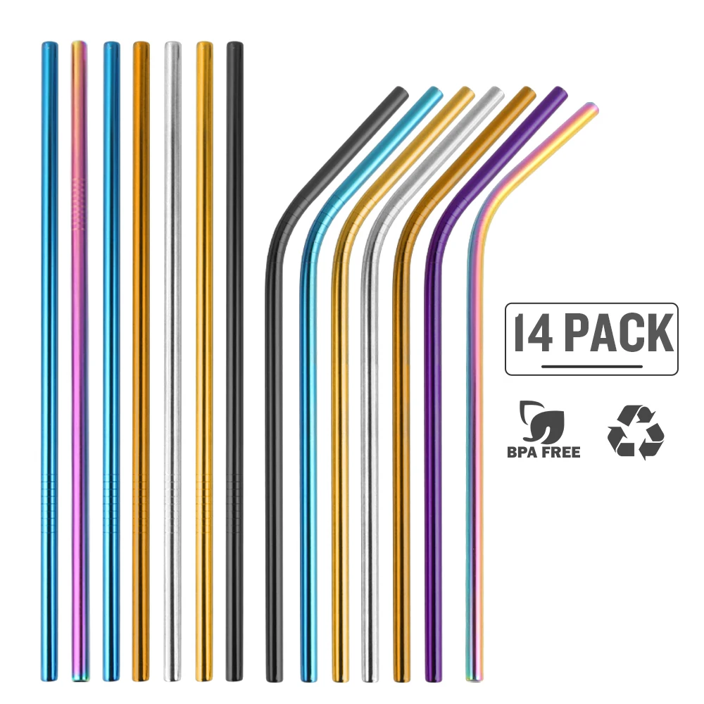 3/8/14pcs Reusable Straw Metal Eco Friendly Drinking Stainless Steel Fda-approved BPA With Cleaning Brush & Bag | Дом и сад