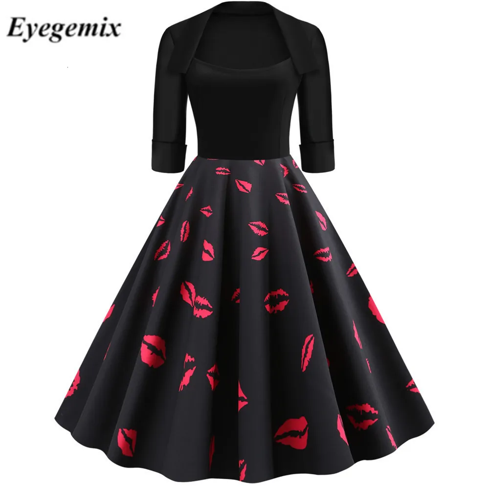 

Vintage Floral Lip Print Women Dress Fall Winter Office Party Casual Dress Half Sleeve Turn-down Collar Elegant Vestidos
