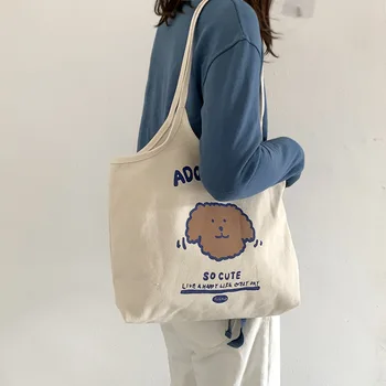

Tote Shopping Bags Large Capacity Canvas Shoulder Bag for Women 2020 Lady Handbag Cute Cartoon Beige Cotton Fabric