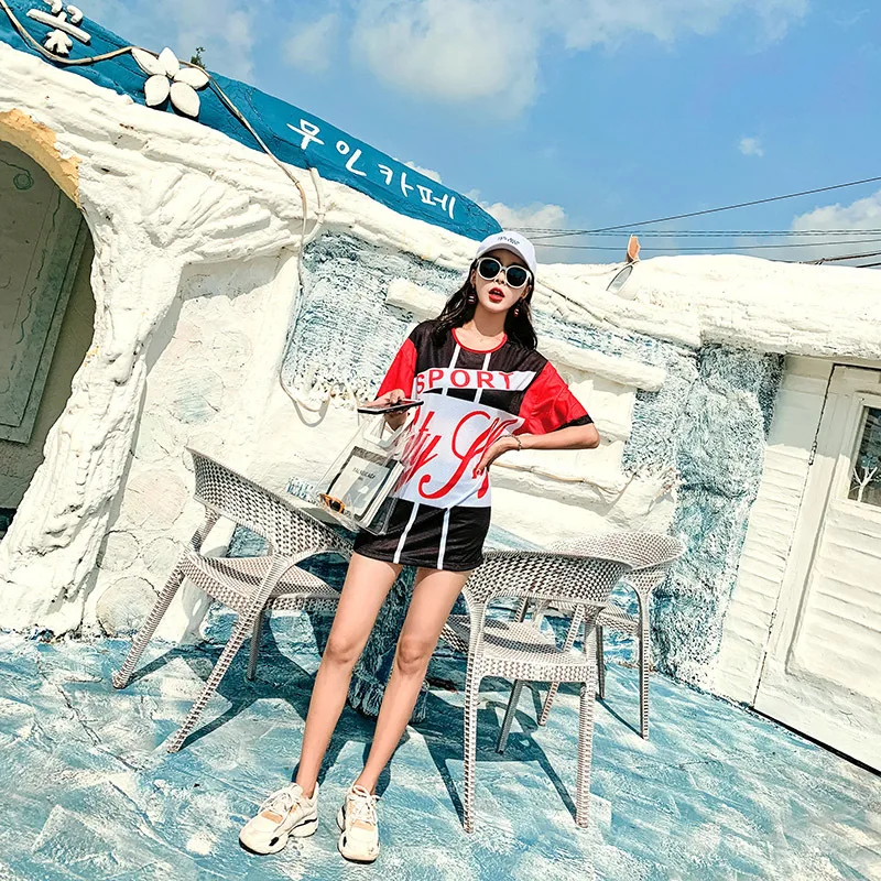 

2019 New Style Bathing Suit Korean-style Sports Split Type Conservative Boxer Belly Covering Slimming Printed Cover-up Bathing S