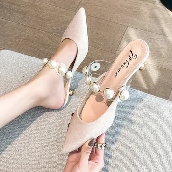 

Shoes Thin Heels Flock Cover Toe Ladies' Slippers Med Luxury Slides Slipers Women Shallow Heeled Mules Pointed Designer 2020