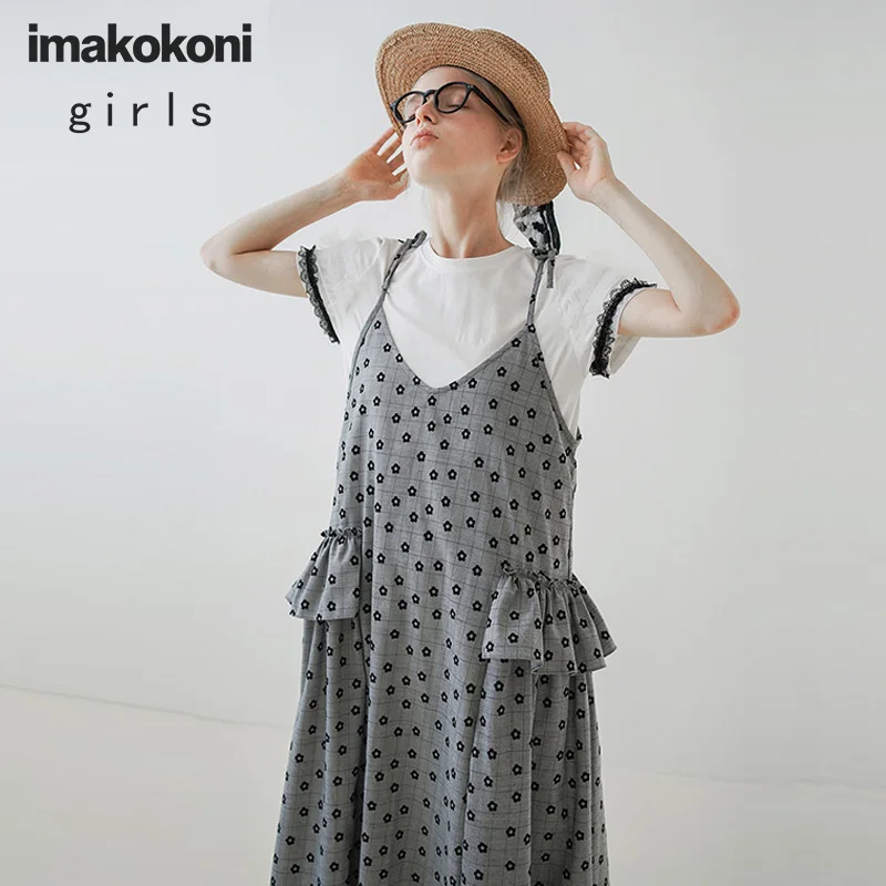 Юбка imakokoni на лямках с серыми цветами оригинальный дизайн студенческое платье средней длины женское летнее