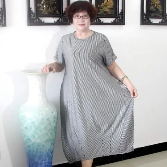 Новое Стильное платье размера плюс 5XL 7xl Полосатое женское летнее серое платье с коротким рукавом Свободные платья vestidos mujer DJ517