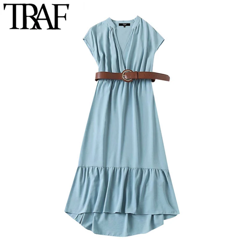 TRAF-vestido Midi Vintage con volantes y cinturón para Mujer, Vestido de manga corta con escote en V y cintura elástica