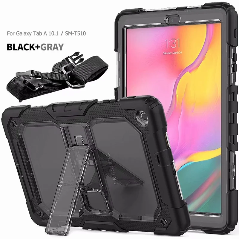 Чехол для Samsung Galaxy Tab A 10,1 SM-T510 T515 чехол на шею детский безопасный резиновый силиконовый ударопрочный стойка для брони - Цвет: Black and Gray