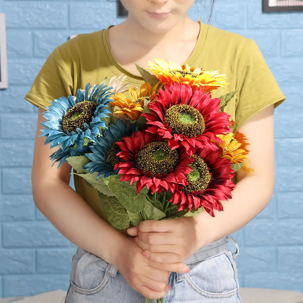 Silk Artificial Flowers Bouquet Autumn Decoration 3Heads Yellow Sunflower For Home Decoration Office Party Garden Decor