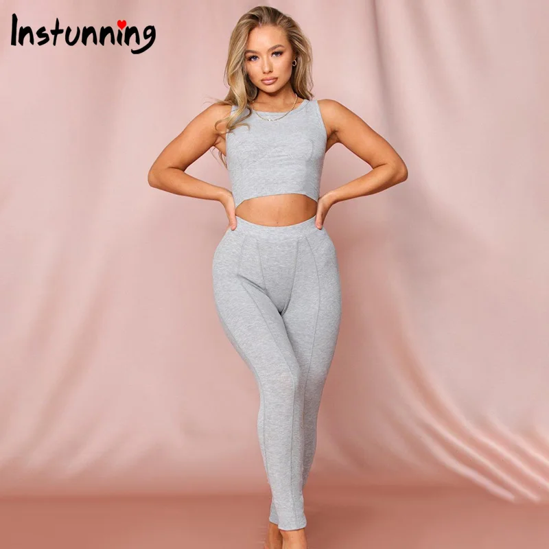 

Instunning Patchwork Two Piece Set Women O-neck Sleeveless Crop Top High Waist Women's Pants Trousers Streetwear Workout Costume