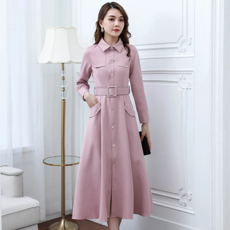 AECU Autumn Women Long Trench Coat Office Lady Simple Classic Coat with Belt Chic Female Windbreaker Long Coat Women Trenchcoat