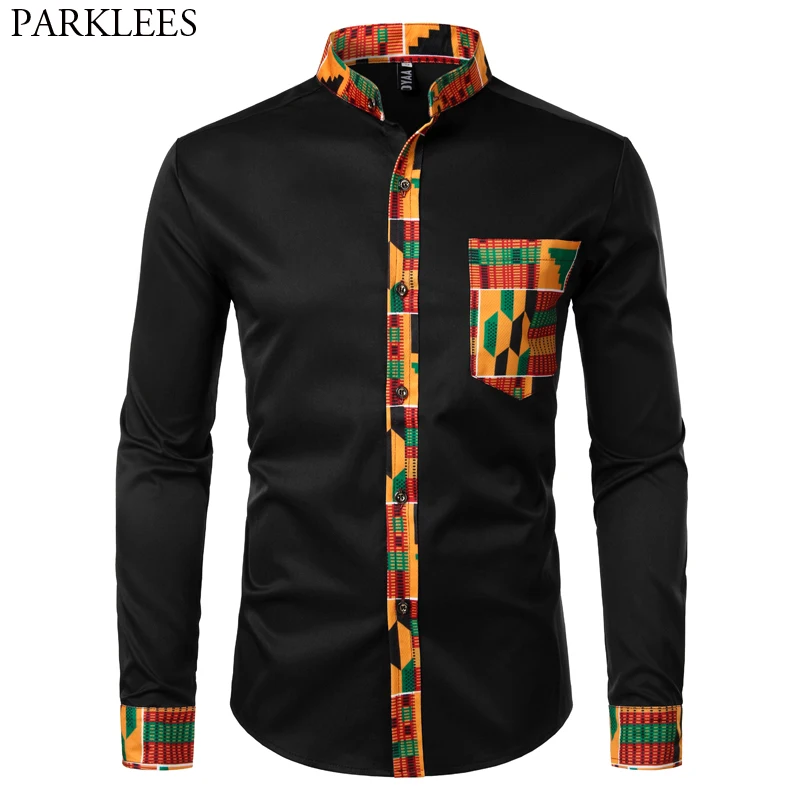 Мужская африканская Лоскутная черная рубашка с длинным рукавом, этнический цветочный рисунок, хипстерские рубашки, мужская рубашка с воротником-стойкой, Мужская сорочка