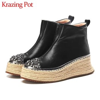 

Krazing Pot shiny crystal studded genuine leather ankle boots round toe high heels thick bottom zip winter warm women shoes L98