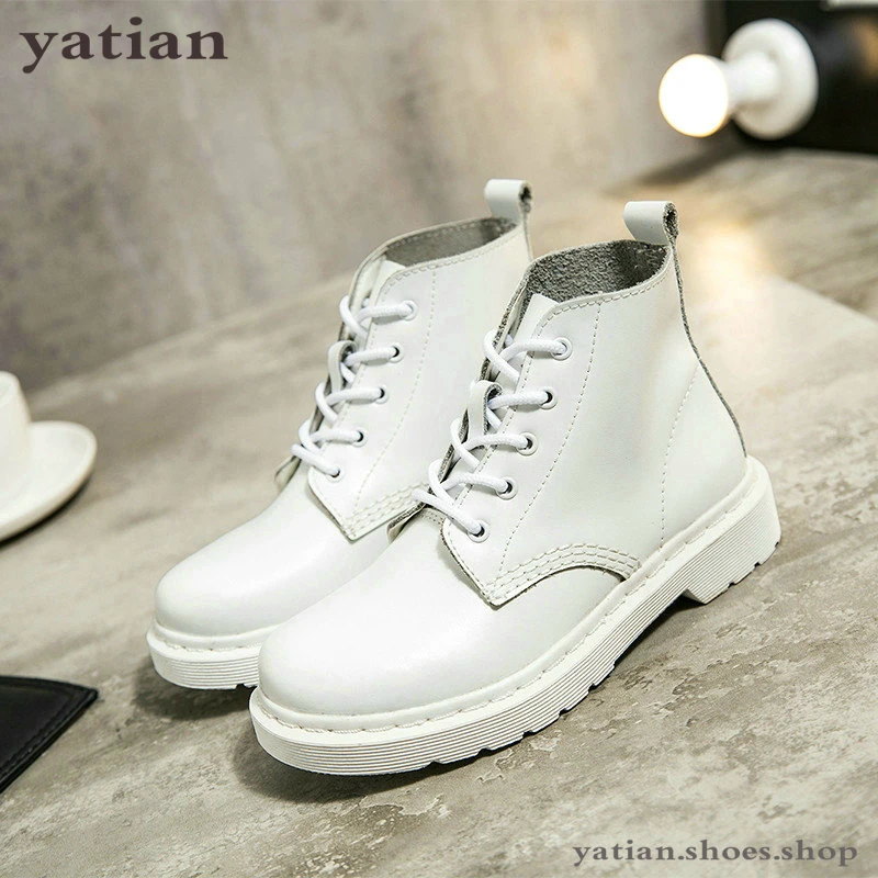 

2019 new leather Martin boots female England white boots low with flat boots couple motorcycle women's boots N-92