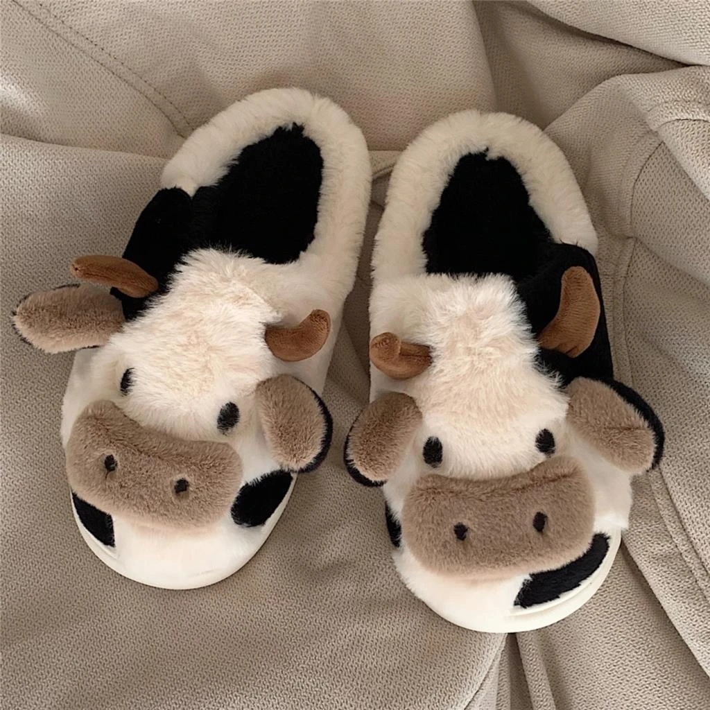Cute Animal Slipper For Women Girls Fashion Kawaii Fluffy Winter Warm Slippers Woman Cartoon Milk Cow House Slippers Funny Shoes Funny Children Parent Adult Slippers