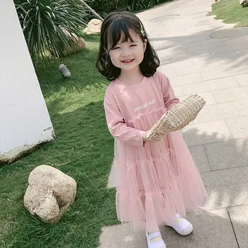 

Autumn Fashion Lace Patchwork Dresses Baby Girls Long Sleeve Letter Print Patchwork Mesh Dress for Kids Clothes