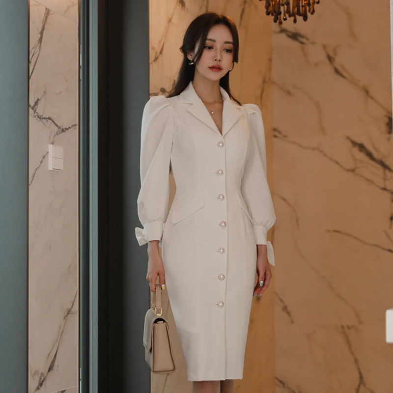 Элегантное женское осеннее Повседневное платье с длинным рукавом для офисной Леди для подиума дизайнерские модные белые платья