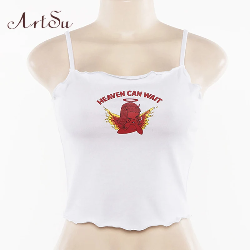 Белый ArtSu женский белый сексуальный укороченный топ с принтом демона Camis Летние повседневные топы с открытыми плечами Cami укороченные Harajuku уличная ASVE20503 - Цвет: Белый