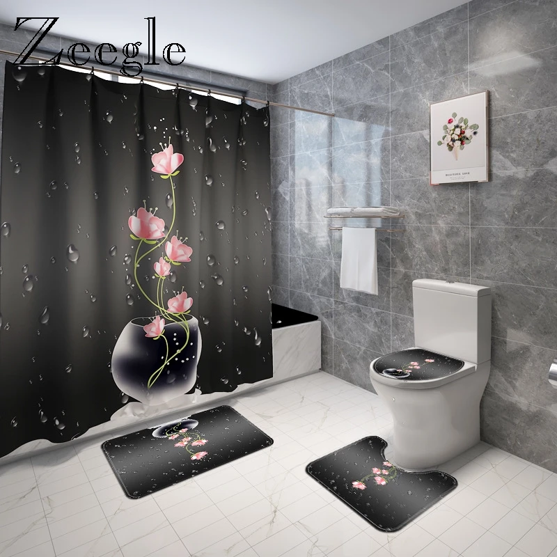 Printed Floral Bath Mat and Waterproof Shower Curtain Set Bathroom Carpet Microfiber Bath Foot Mat Absorbent Toilet Floor Carpet