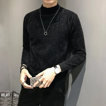 

NEW Winter Ferret Solid Color Sweater Men's Pullover Korean Casual Slim Fit Half-high Collar Knitted Men Sweaters Clothing