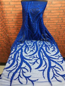 

African Lace Fabric High Quality Royal blue Lace With beads French Tulle Lace Fabric With Stones Party African Lace Material