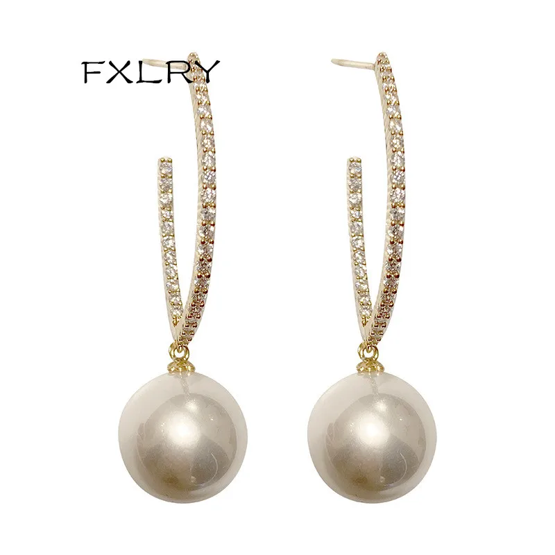 

FXLRY Elegant Gold Color Zirconia C-shaped pearl pendant long earrings for Women Fashion Jewelry