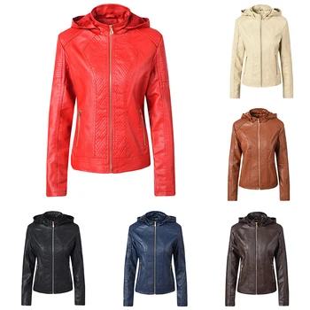 

2019 Autumn Winter Leather PU Coat Women Motorcycle Faux PU Leather Jacket Red Hooded Pu Jackets Khaki Lady Biker Outwear Coat