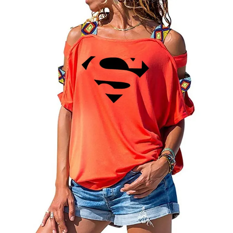 Новая летняя футболка с героями мультфильма «Супермен», женские модные топы, горячая Распродажа, сексуальная открытая футболка с коротким рукавом и открытыми плечами - Цвет: 13