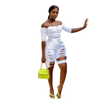 

WEPBEL Playsuit Hole Ripped Women Jeans Denim Casual Fashion New Summer Spring Slash Neck Sexy Short Sleeve High Waist