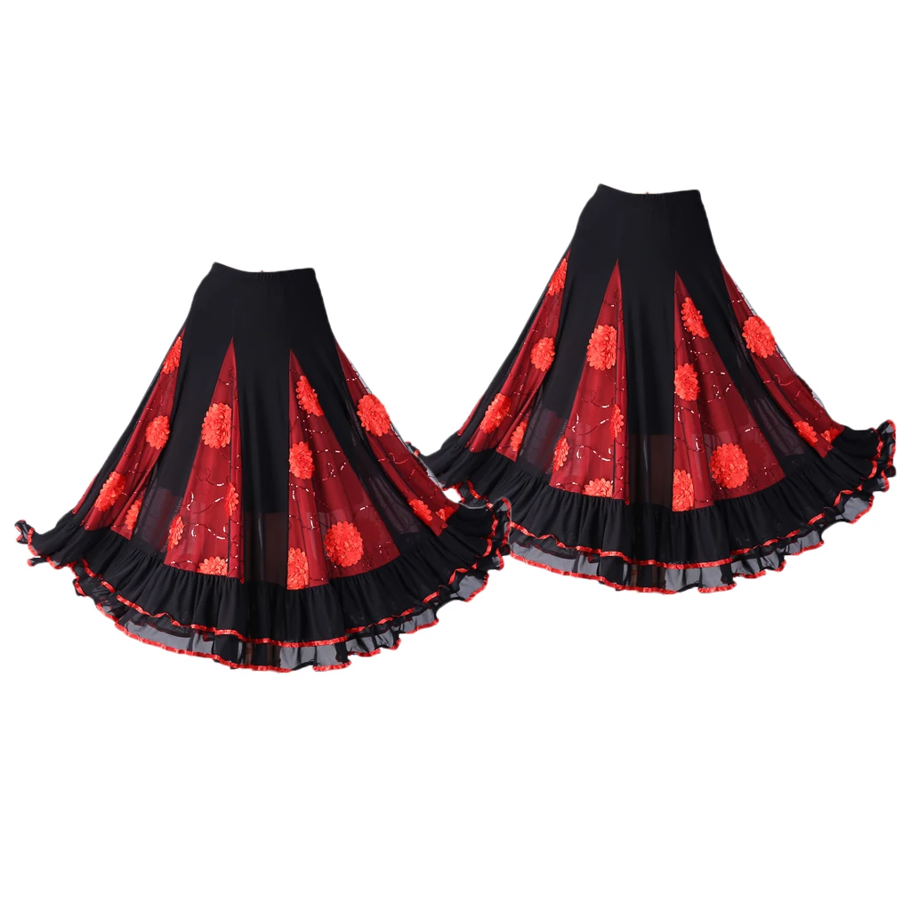 2 x Flamenco Ballroom Waltz Dance Swing Skirt Sequined Floral Party Dress Red