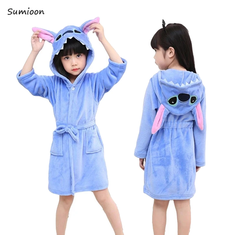 Детский флисовый банный халат с капюшоном в виде единорога, детский халат, банный халат, кигуруми, пижама с животными для девочек и мальчиков - Цвет: Blue stitch