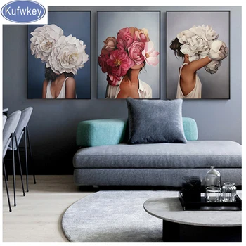 

3 Pieces Abstract flower woman face 3d Pictures Wall Art diamond rhinestone embroidery full square diamond painting sale mosaic