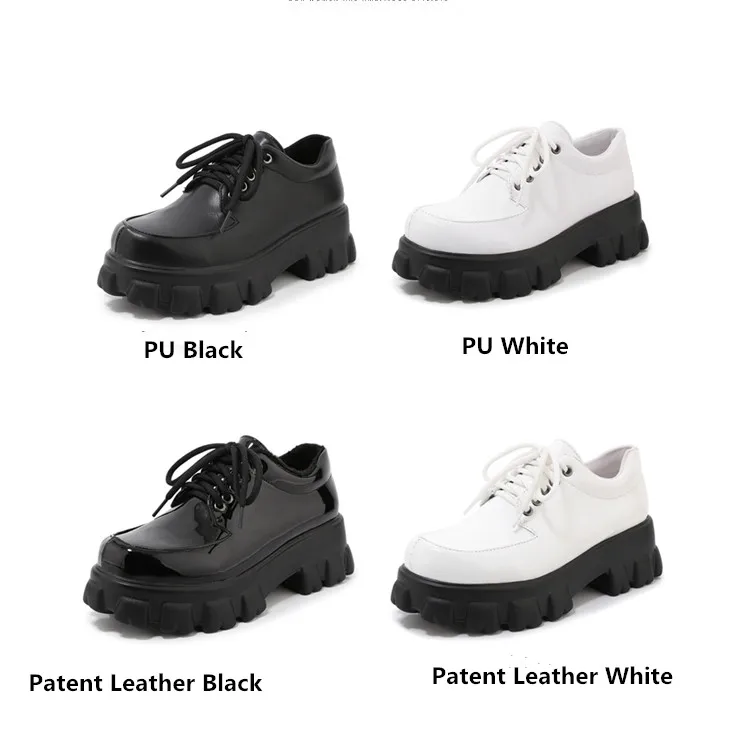PXELENA NEW Spring Winter Shoes Women Chunky Platform Creppers Punk Gothic Oxfords Black White Patent Leather Large Size 45