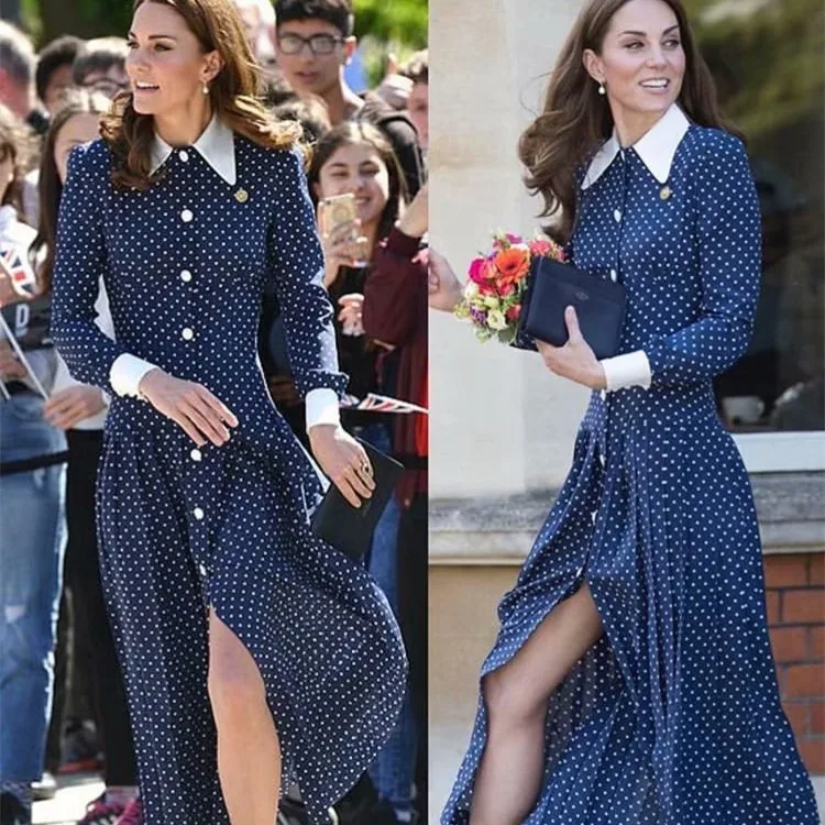 Новинка Kate Middleton, длинное платье в горошек, элегантное, с отложным воротником, в горошек, однобортное, с длинным рукавом, плиссированные платья