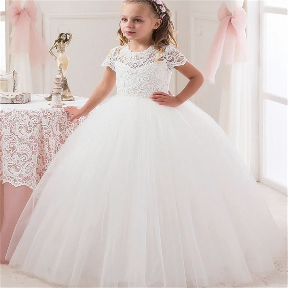 

White Flower Girls Dress for Wedding Party High Neck Baptism Gowns Tulle Full Sleeve Appliques Kid Holy Communion Gown