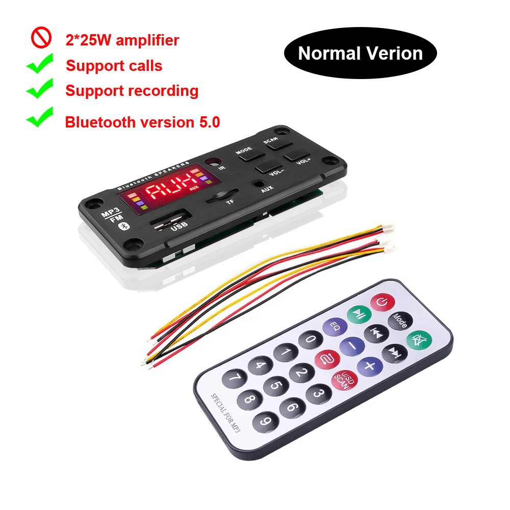 2x25W Amplifier Big Screen 12V MP3 WMA Wireless Bluetooth 5.0 Decoder Board Audio Module USB FM TF Radio AUX input For Car 