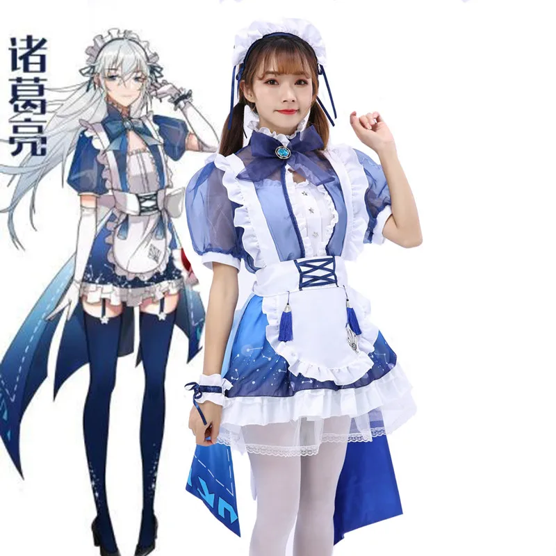 

Fairy Women Maid Outfit Anime Short Sleeve Chiffon Harujuku Dress Sweet Blue and White Lolita Dress Halloween Lolita Dress