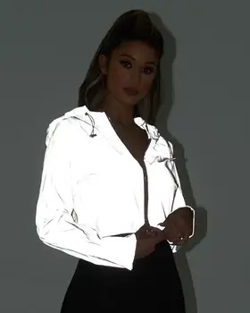 

2019 Spring New Reflective Women's Jacket Female Casual Sports Hooded Short Jackets Ladies Loose Long-sleeved Stitching Tops