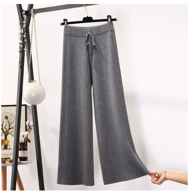 Толстые трикотажные широкие брюки женские осенние зимние брюки с высокой талией драпированные свободные прямые повседневные трикотажные брюки женские корейские брюки - Цвет: pit grey