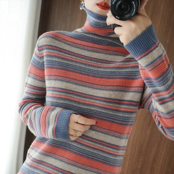 

2020 New Cashmere Sweater Women's High-Neck Color Matching 100% Pure Wool Pullover Fashion Plus Size Warm Knitted Bottoming Shir