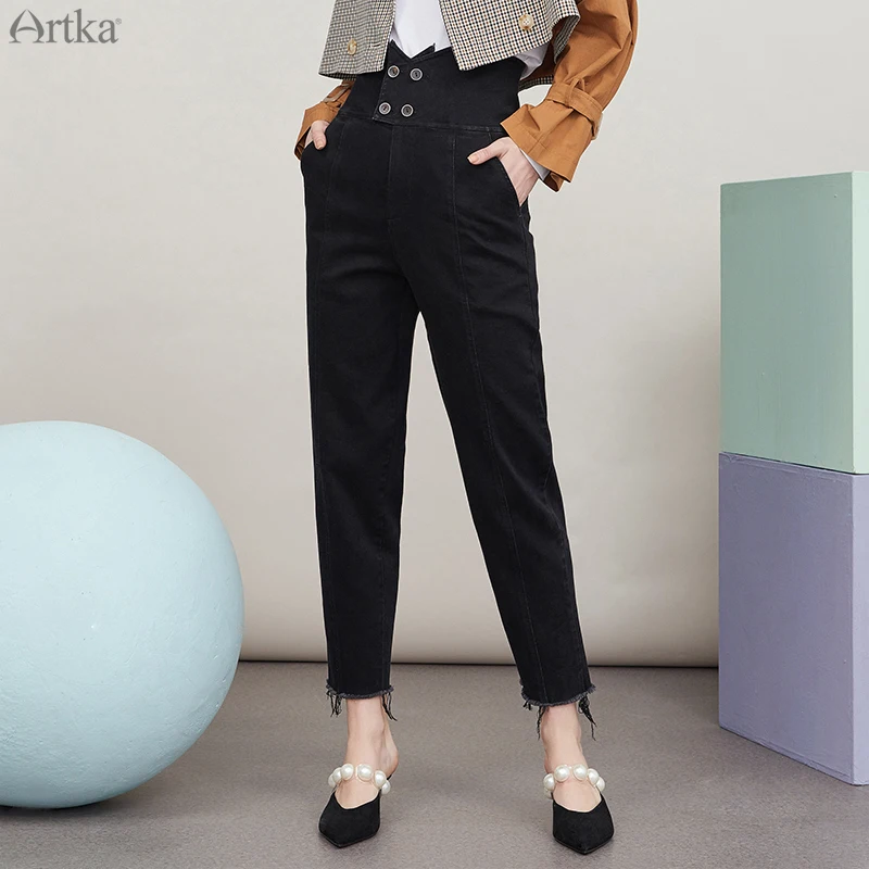 ARTKA 2020 Early Autumn New Women Jeans Fashion High Waist Double Breasted Black Jeans Straight Denim Trousers Women KN25004Q ARTKA 2020 Early Autumn New Women Jeans Fashion High Waist Double Breasted Black Jeans Straight Denim Trousers Women KN25004Q