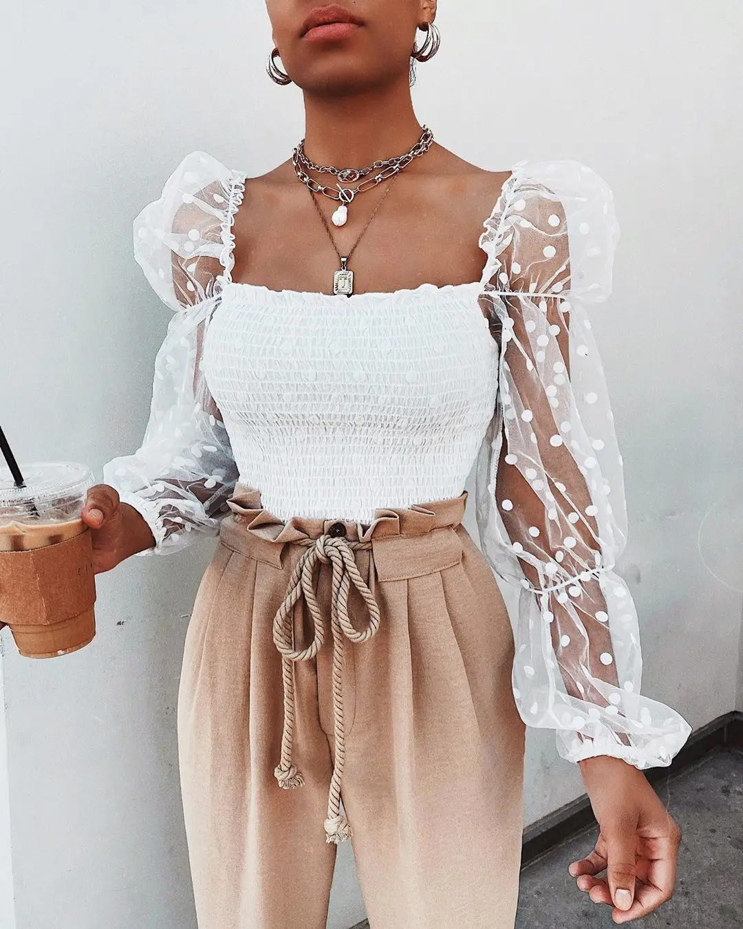 Women Mesh Sheer Blouse Chiffon See-through Long Sleeve Top Shirt Blouse Fashion Organza Transparent White Shirt Female Blusas