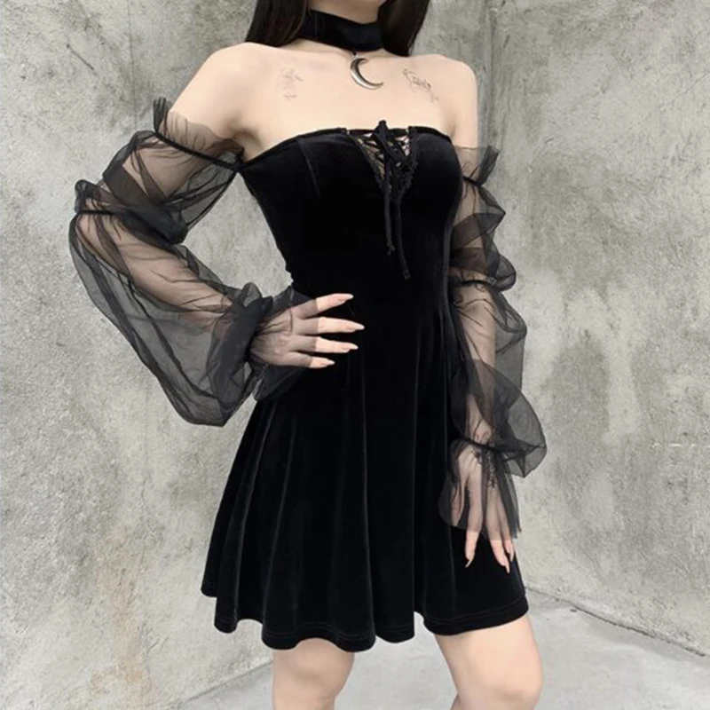 

Spring Autumn Velvet Gothic Dresses for Women Transparent Long Sleeve Lace Up Punk Hip Hop Sexy Slash Neck Girl Vestidos 2023
