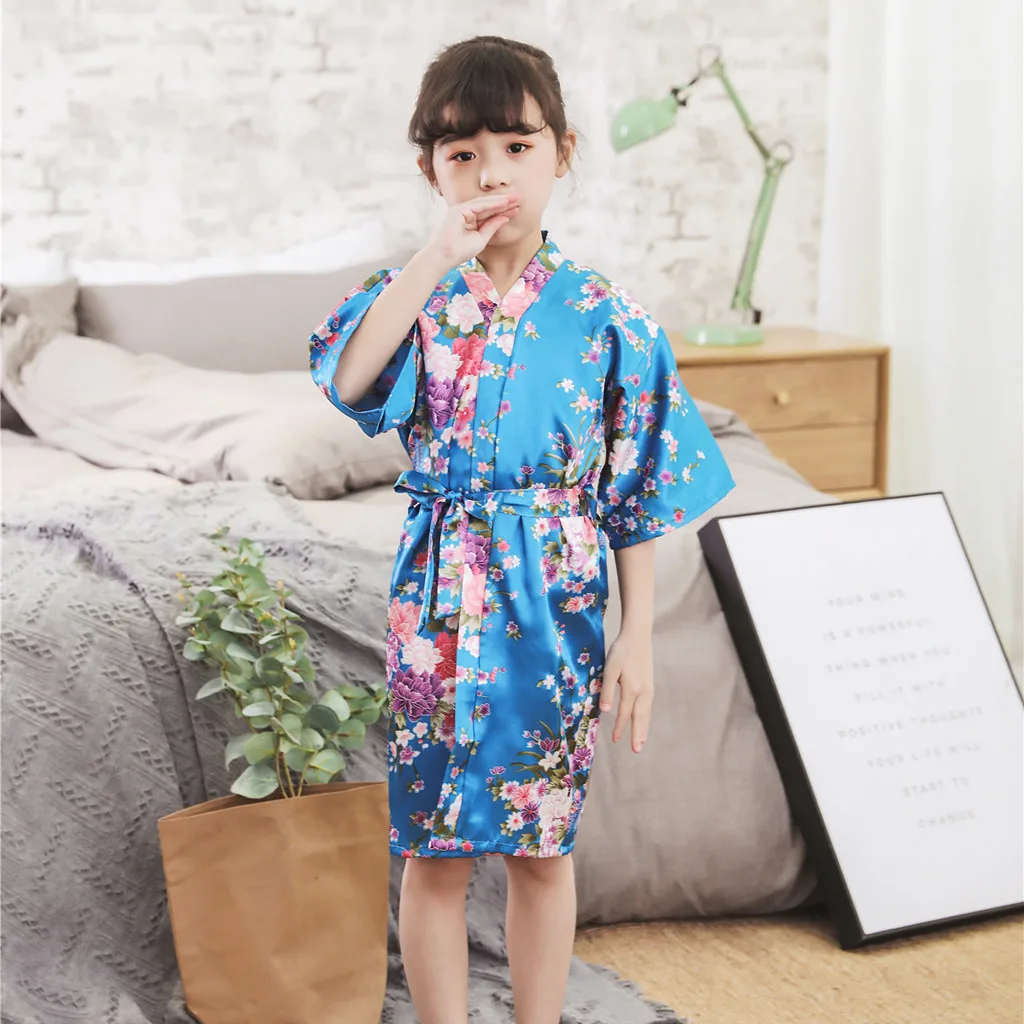 Light Blue Детская одежда для девочек; однотонная шелковая атласное кимоно; наряд, одежда для сна, одежда L0906 - Цвет: Light Blue