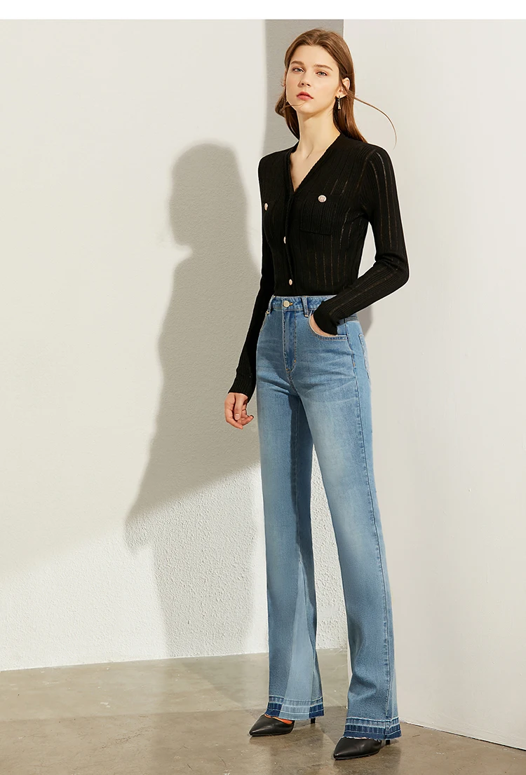 AMII Minimalism Summer Autumn Fashion Spliced Flare Women jeans Causal Cotton High Waist Ankel-length Female Jeans 12030139