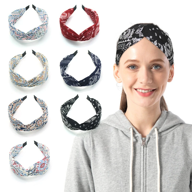 

Fashion Print Wide Headbands Hairbands Women Girls Bohemian Cross Knotted Hair Bands Hoop Scrunchies Turban Hair Accessories