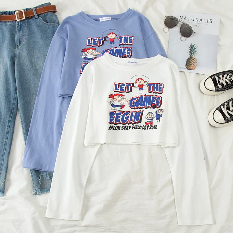 Харадзюку, короткий топ с длинным рукавом и круглым вырезом, белая, синяя футболка, корейский стиль, графические футболки для женщин, с буквенным принтом, Kawaii, Студенческая короткая футболка
