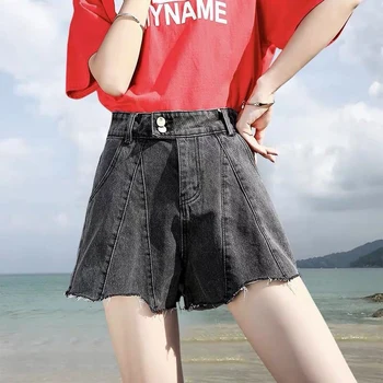 

Summer Shorts Women High Waist Frayed Raw Hemline Short Jeans Ripped A-Line Denim Shorts
