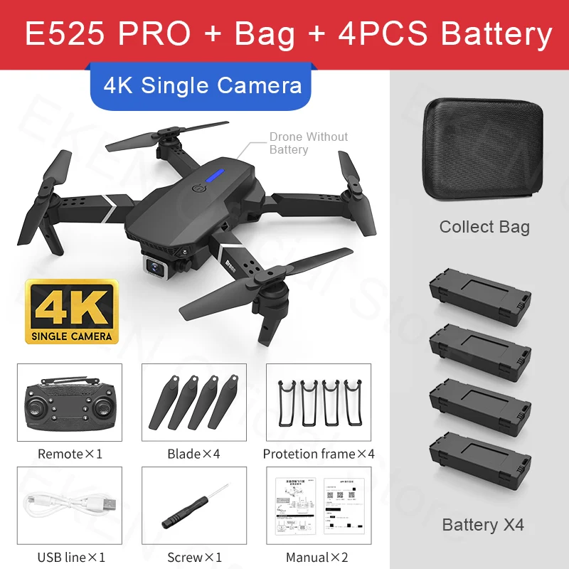 Follow Me SobeiKre E525 Ultralight and Foldable Drone Quadcopter 6-Axis Gyro Gimbal with 4K Camera WiFi FPV Maintaining RC Black 