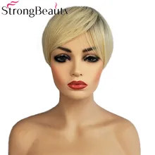 StrongBeauty Short Straight Wigs Blonde with Black Root Wig Synthetic Women Hair