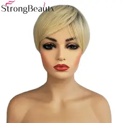 StrongBeauty короткие прямые парики блонд с черным корнем парик синтетические женские волосы